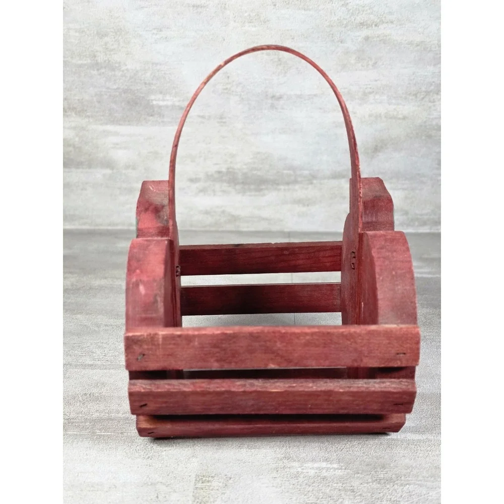 VTG hand-painted Red Wooden apple shaped basket carry handle Cottagecore Rustic